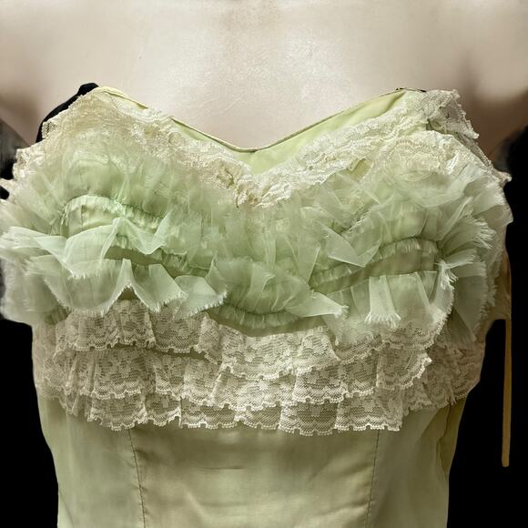 VNTG Green Cupcake Prom Dress Lace Chiffon Tiered Ruffled Strapless Gown 1950s - Picture 3 of 16